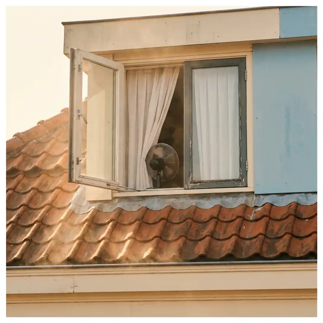 Dakraam van Nederlands appartement op hete zomerdag met ventilator en witte linnen gordijnen, terracotta dakpannen in de voorgrond.