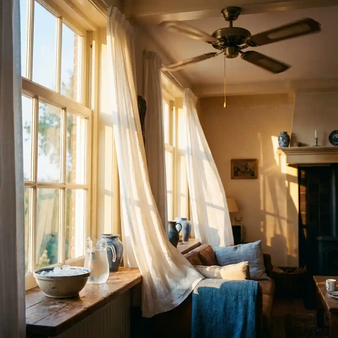Zonnige Nederlandse woonkamer met gouden zomerlicht, witte linnen gordijnen die wapperen en een kom ijs op de vensterbank.
