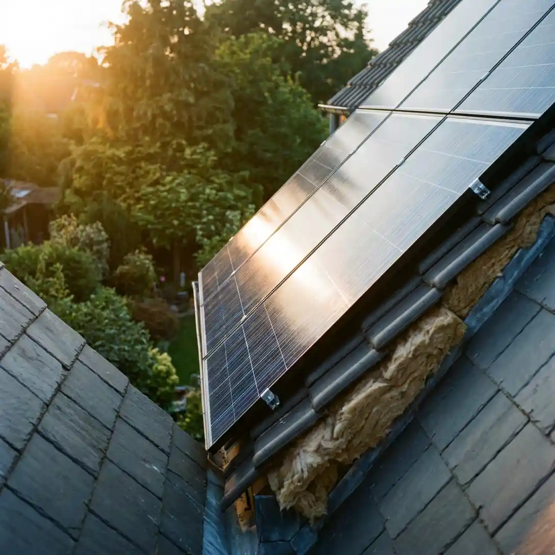 Zonnepanelen op geïsoleerd Nederlands woonhuisdak met minerale wol zichtbaar aan dakrand, weerspiegeling van middagzon op panelen.
