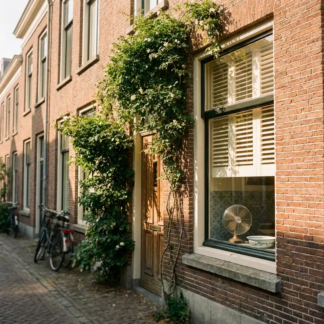 Zonbeschenen Nederlandse bakstenen rijtjeswoning met klimplant op de gevel, witte luiken en ventilator op de vensterbank voor zomerkoelte.