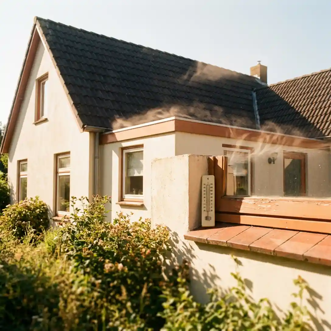Oververhitte Nederlandse woning met donker dak en enkelglas, thermometer op warme vensterbank, groene tuin op de voorgrond.