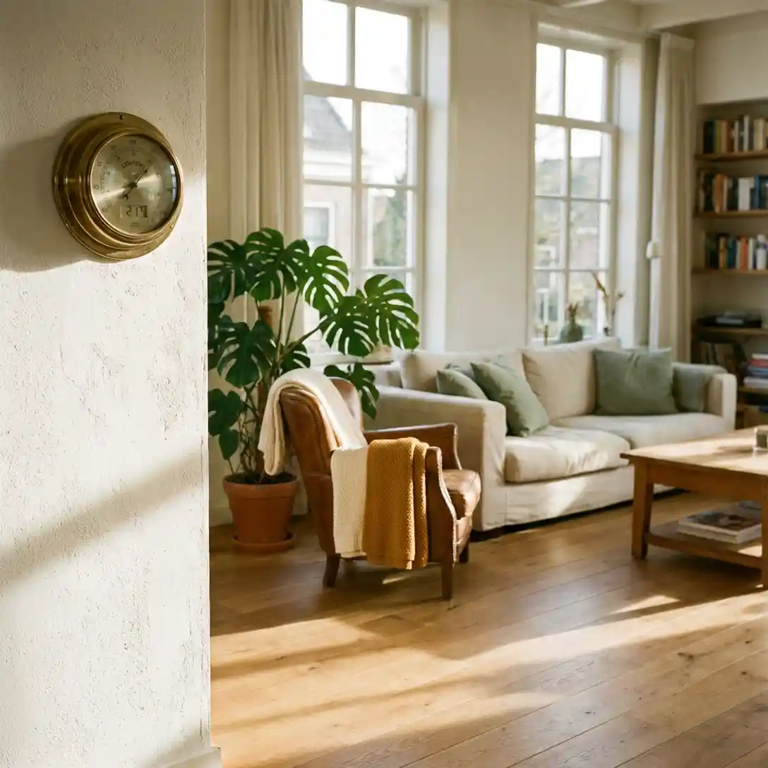 Vintage thermometer op witte muur in zonnige Nederlandse woonkamer met lichte eiken vloer en weelderige kamerplant.